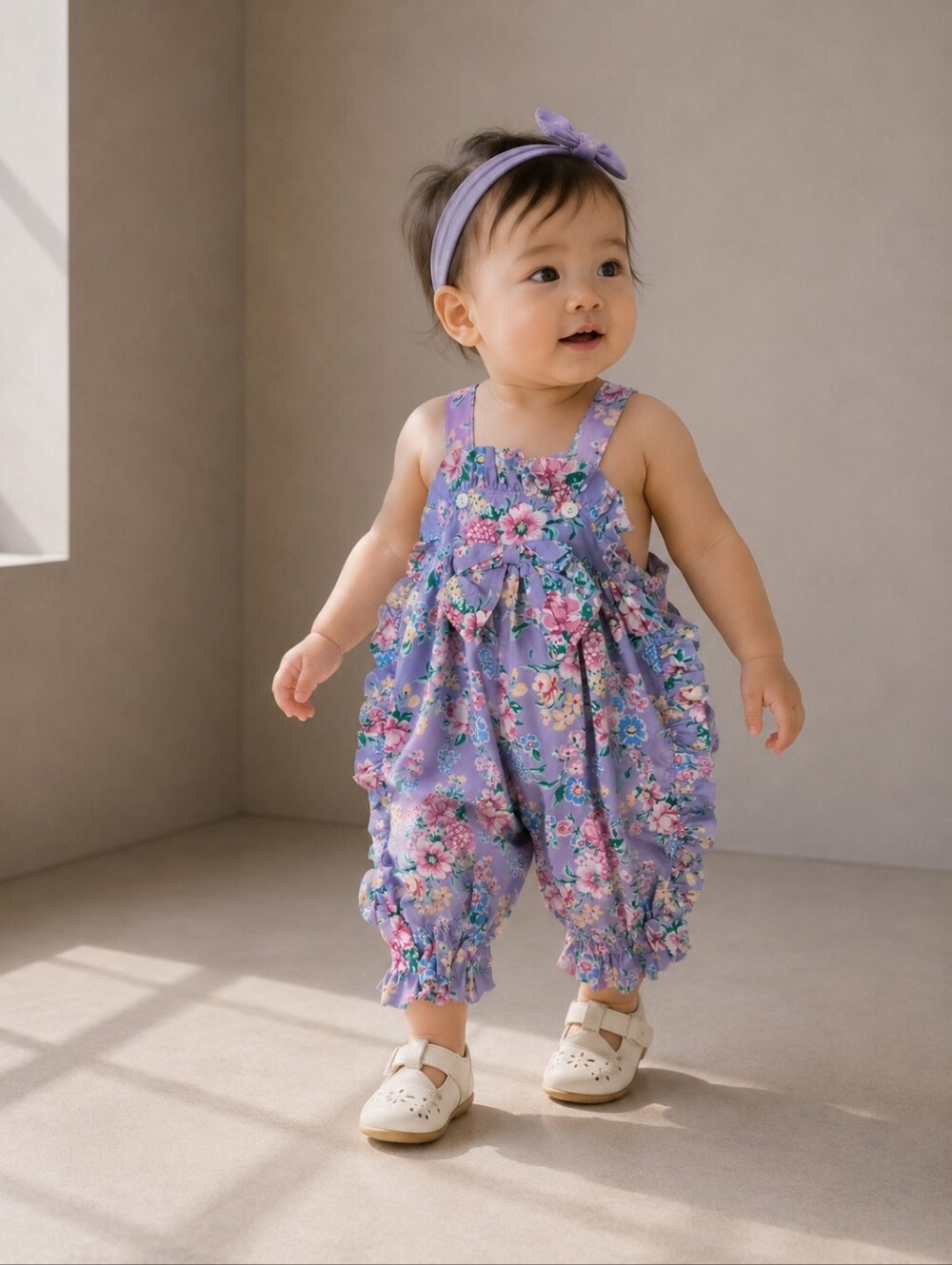 Vintage 12M Floral Ruffle Romper Purple Cottagecore Baby Girl Bubble Playsuit